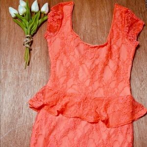 Charlotte Russe Neon Orange Lace Peplum Mini Dress